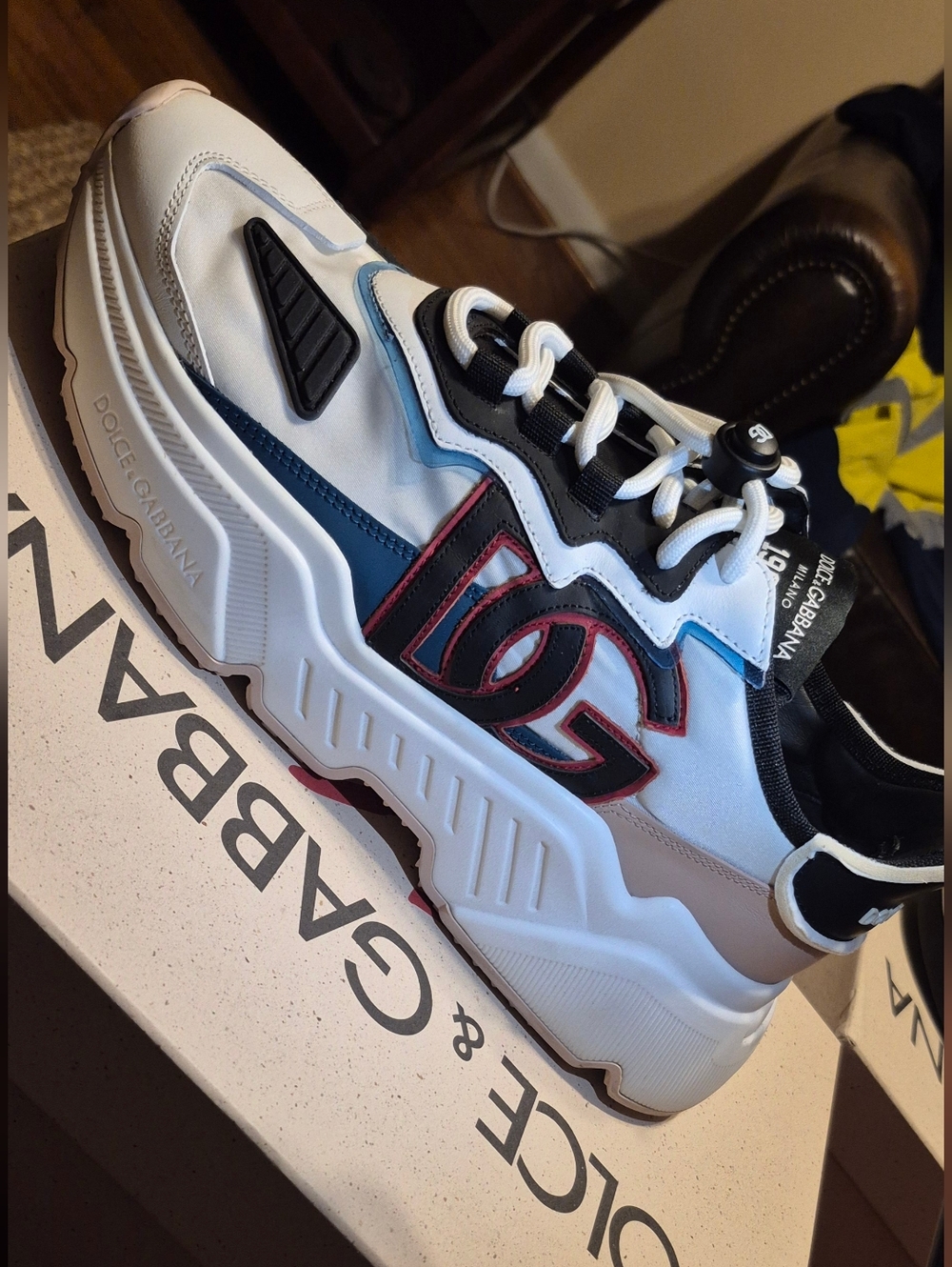 Dolce & Gabbana Men White Sneakers with Black and Red Accents
